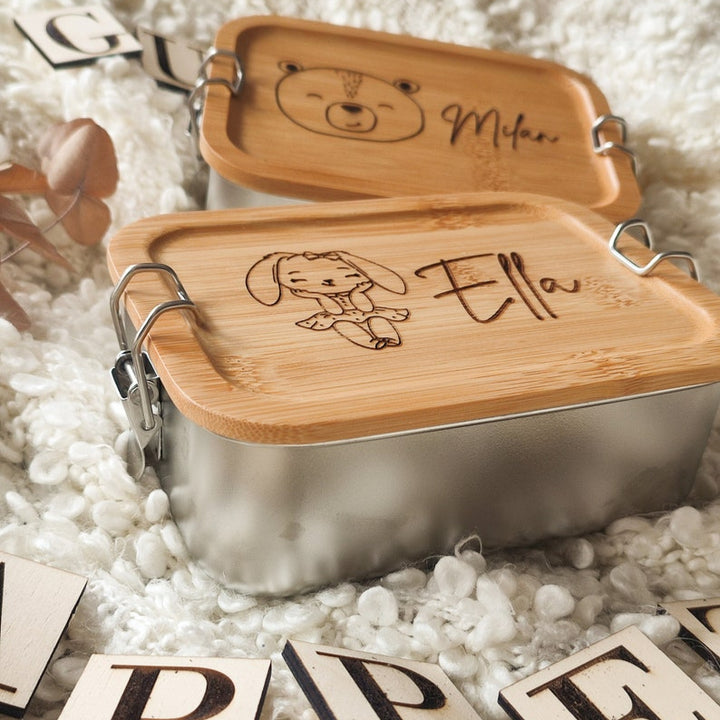 Personalized Stainless Steel Lunch Box with Bamboo Lid for Kids
