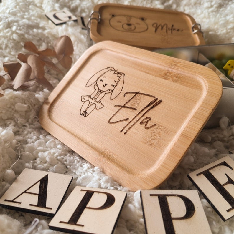 Personalized Stainless Steel Lunch Box with Bamboo Lid for Kids