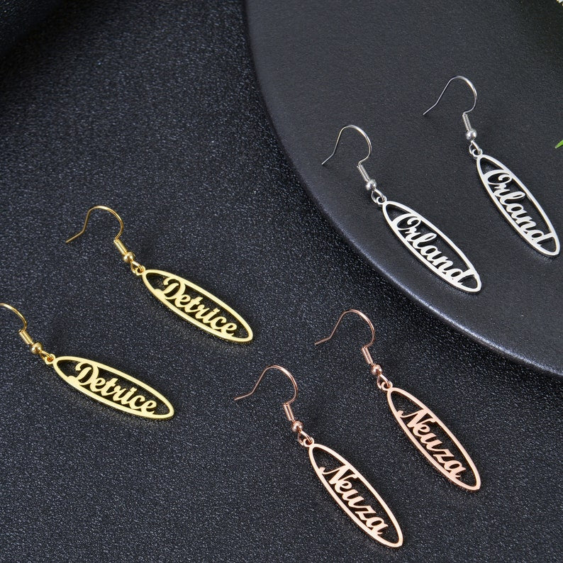 Personalized Dangle Name Earrings in Gold, Silver & Rose Gold