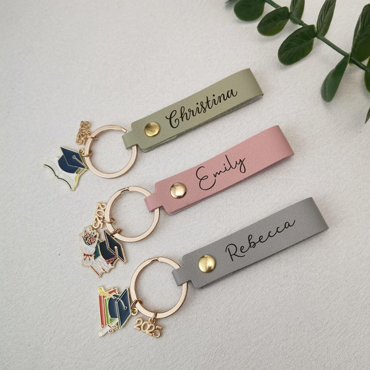 Personalized Name Leather Graduation Keychain