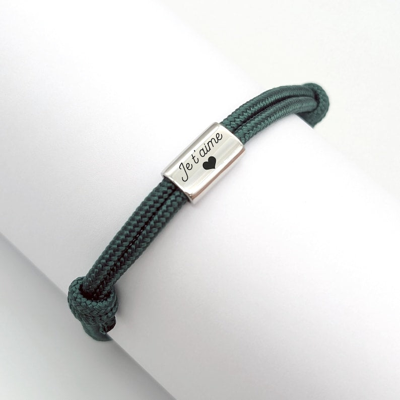 Personalized Men's Cord Bracelet with Engraved Stainless Steel Medal