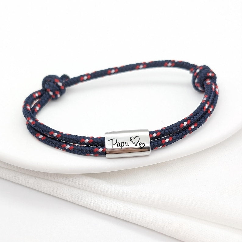 Personalized Men's Cord Bracelet with Engraved Stainless Steel Medal