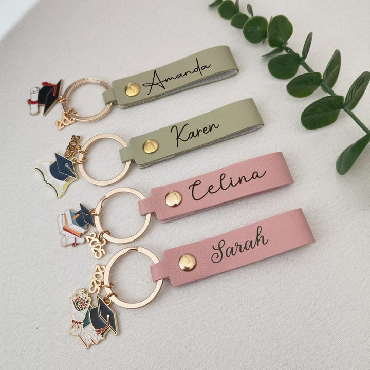 Personalized Name Leather Graduation Keychain