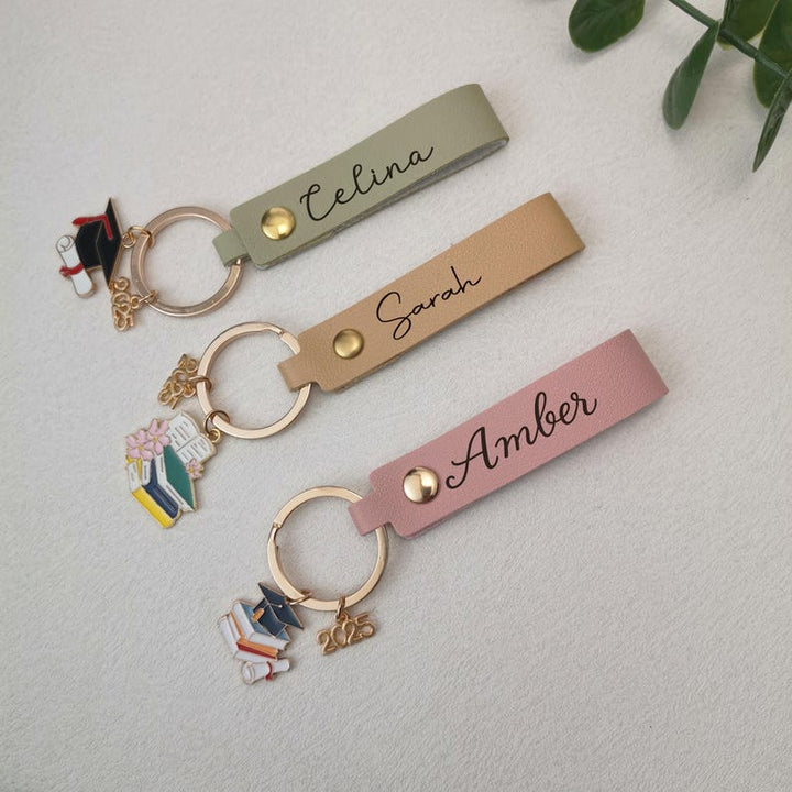 Personalized Name Leather Graduation Keychain