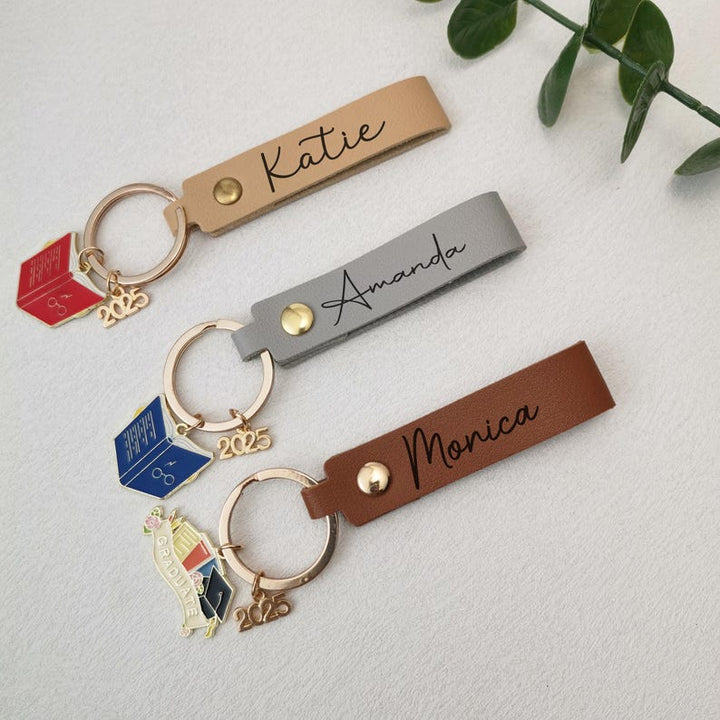 Personalized Name Leather Graduation Keychain