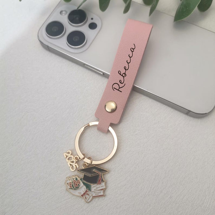 Personalized Name Leather Graduation Keychain