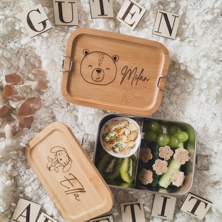 Personalized Stainless Steel Lunch Box with Bamboo Lid for Kids