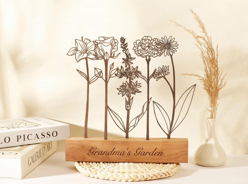 Personalized Mom Birth Flower Garden Wood Keepsake