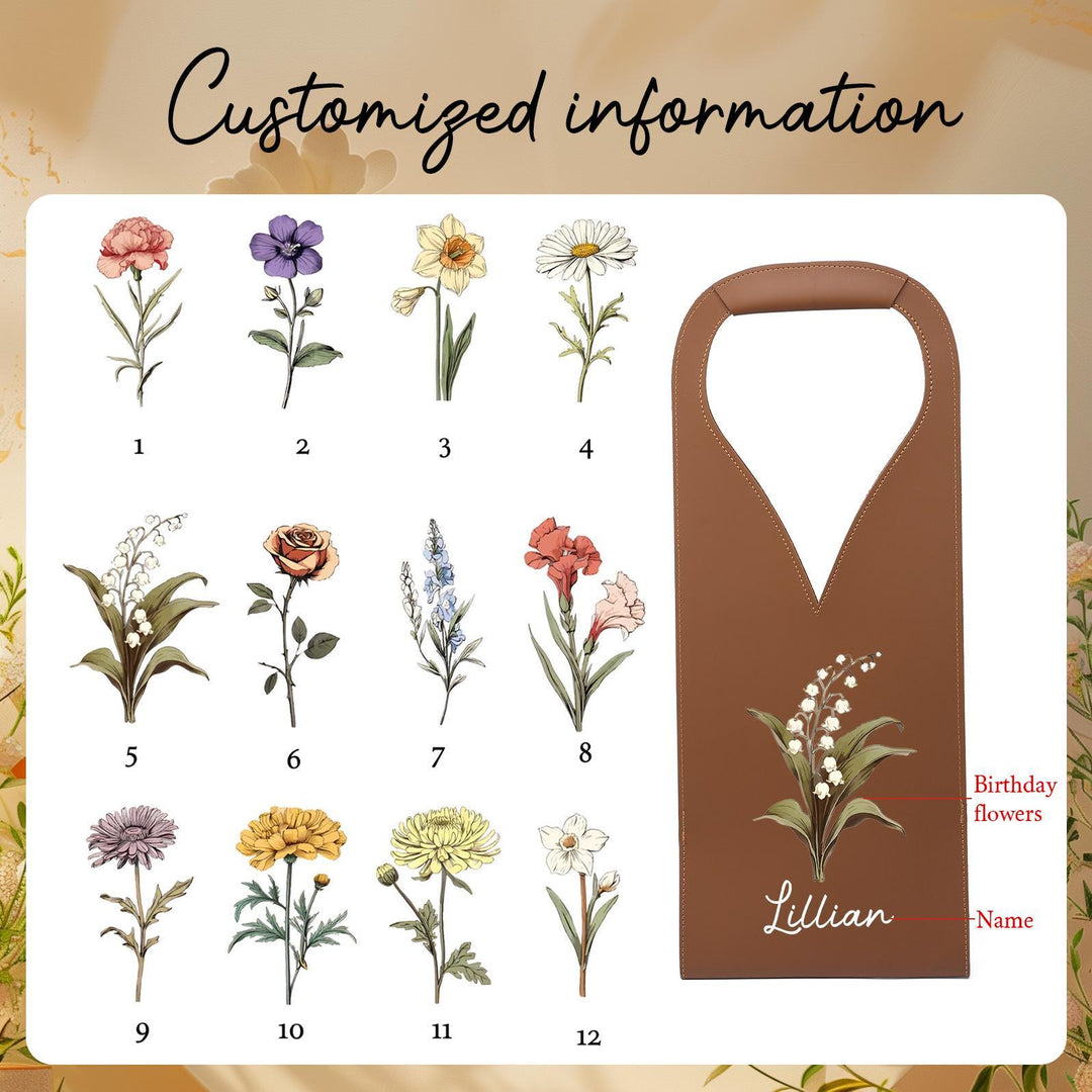 Personalized Birth Flower Leather Wine Bag for Wine Lover