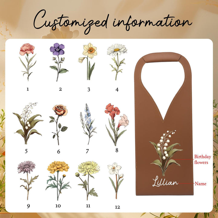 Personalized Birth Flower Leather Wine Bag for Wine Lover