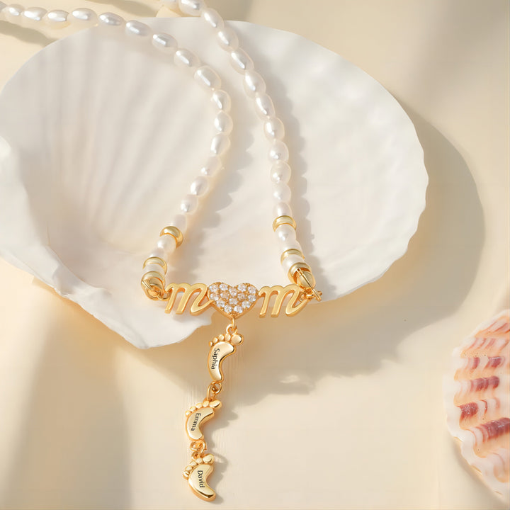 Personalized Mom Necklace Natural Freshwater Rice Pearls with Baby Feet Pendant