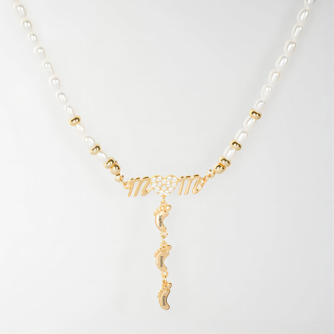 Personalized Mom Necklace Natural Freshwater Rice Pearls with Baby Feet Pendant