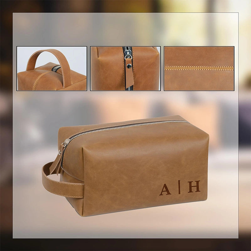 Leather Toiletry Bag – Full Grain Monogram Dopp Kit, Handmade Cosmetic & Wash Bag Christmas Gift