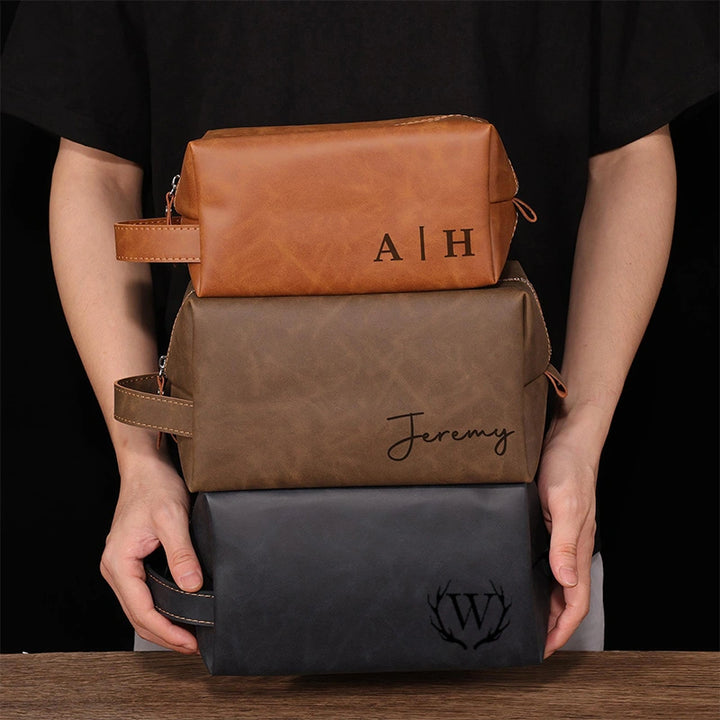 Leather Toiletry Bag – Full Grain Monogram Dopp Kit, Handmade Cosmetic & Wash Bag Christmas Gift