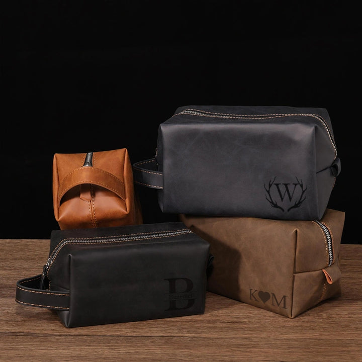 Leather Toiletry Bag – Full Grain Monogram Dopp Kit, Handmade Cosmetic & Wash Bag Christmas Gift