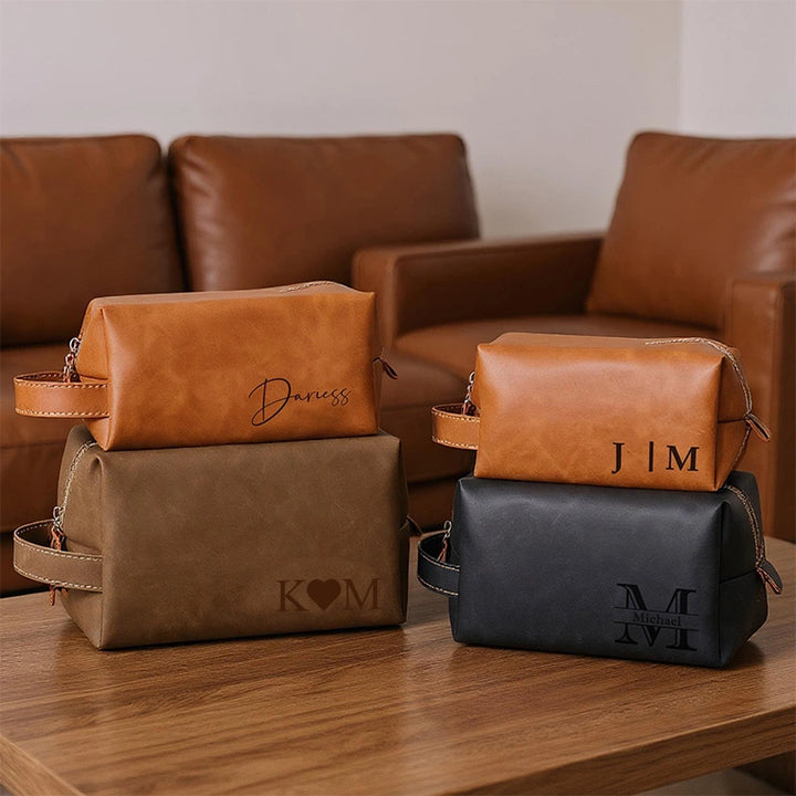 Leather Toiletry Bag – Full Grain Monogram Dopp Kit, Handmade Cosmetic & Wash Bag Christmas Gift