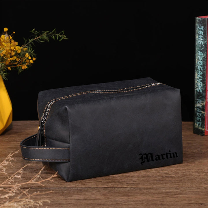 Leather Toiletry Bag – Full Grain Monogram Dopp Kit, Handmade Cosmetic & Wash Bag Christmas Gift