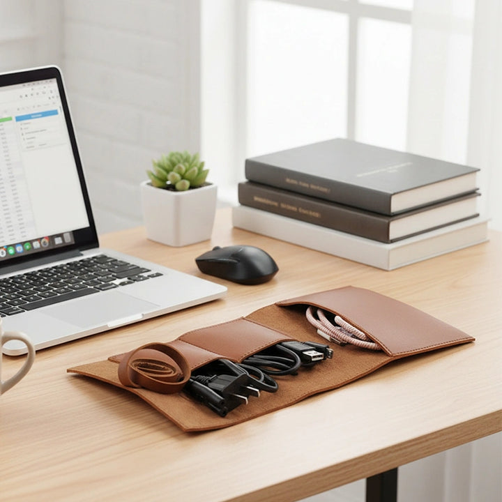 Personalized Leather Cord Wrap with Pocket – Italian Distressed Leather Cable Organizer, Roll Up Travel Case for Earphones & Chargers