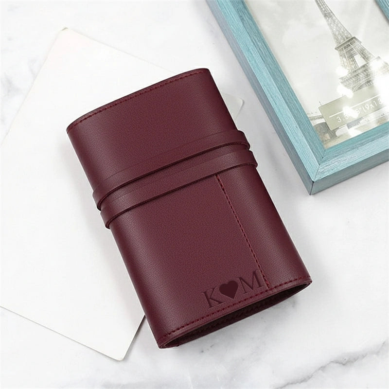 Personalized Leather Cord Wrap with Pocket – Italian Distressed Leather Cable Organizer, Roll Up Travel Case for Earphones & Chargers