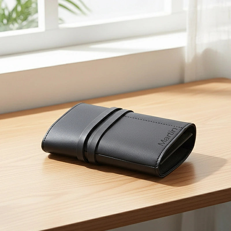 Personalized Leather Cord Wrap with Pocket – Italian Distressed Leather Cable Organizer, Roll Up Travel Case for Earphones & Chargers