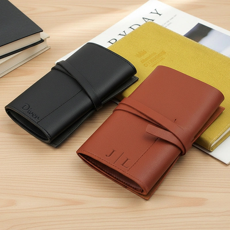 Personalized Leather Cord Wrap with Pocket – Italian Distressed Leather Cable Organizer, Roll Up Travel Case for Earphones & Chargers