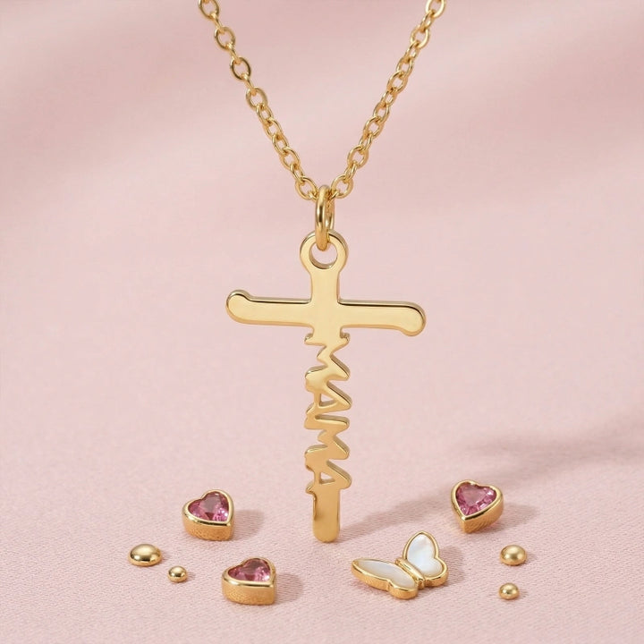 Mom Birthstone Cross Necklace – Personalized Mama Cross Necklace, Christian Mother’s Day Gift for Mom