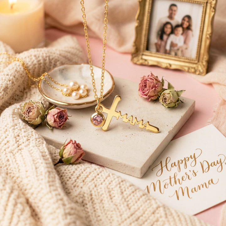 Mom Birthstone Cross Necklace – Personalized Mama Cross Necklace, Christian Mother’s Day Gift for Mom