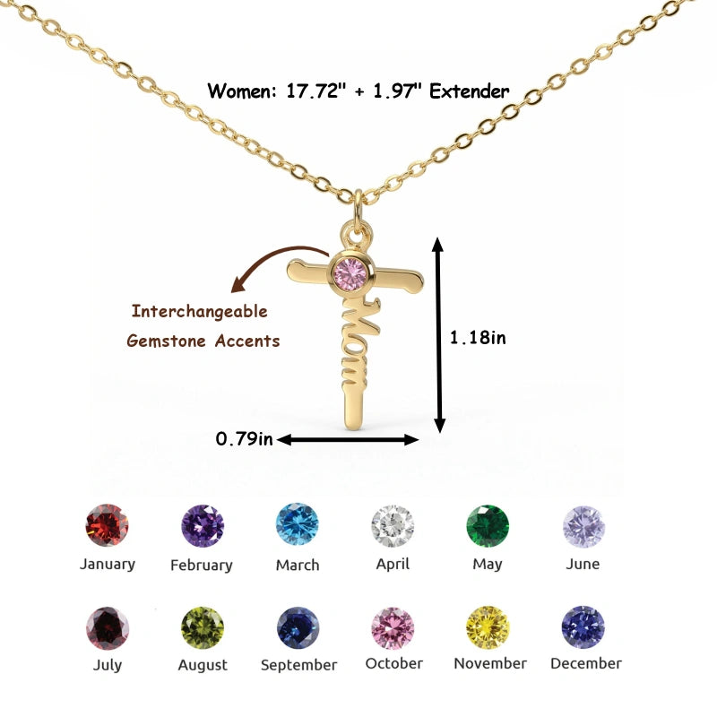 Mom Birthstone Cross Necklace – Personalized Mama Cross Necklace, Christian Mother’s Day Gift for Mom