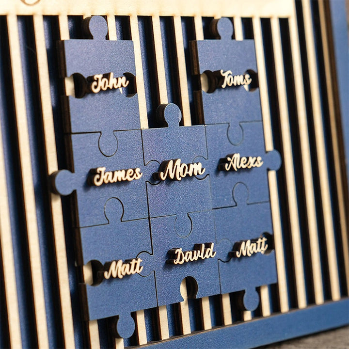 Mom Puzzle Piece Wooden Sign – Personalized Family Name Puzzle Plaque | Mother’s Day Gift for Mom, Grandma