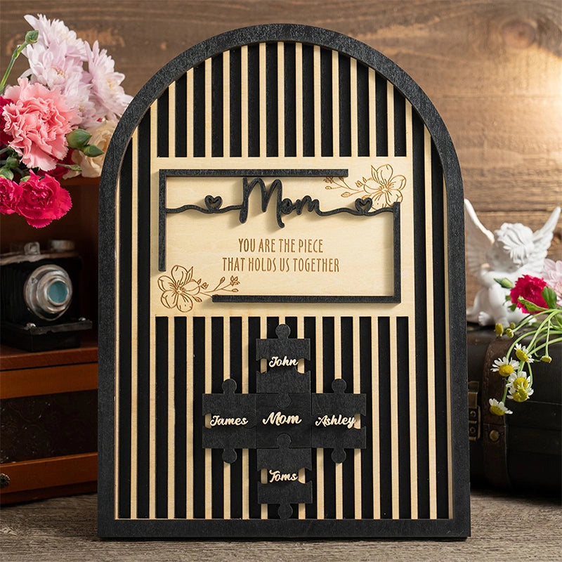 Mom Puzzle Piece Wooden Sign – Personalized Family Name Puzzle Plaque | Mother’s Day Gift for Mom, Grandma