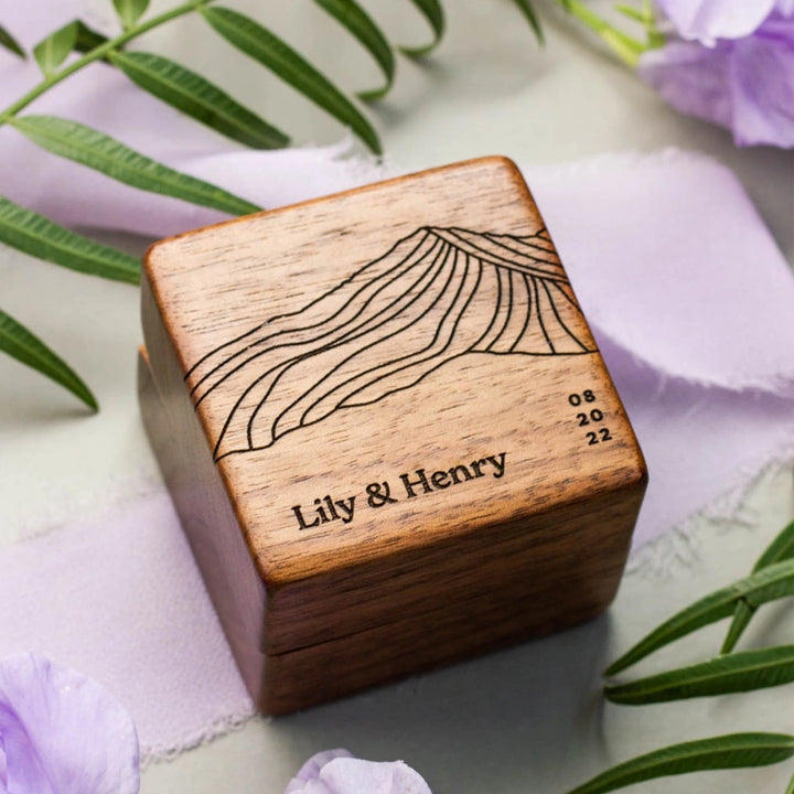 Mountains Wood Personalized Ring Box – Custom Walnut Wedding Ring Holder for Engagement & Ceremony