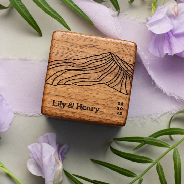 Mountains Wood Personalized Ring Box – Custom Walnut Wedding Ring Holder for Engagement & Ceremony