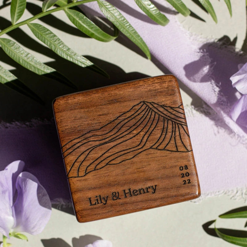 Mountains Wood Personalized Ring Box – Custom Walnut Wedding Ring Holder for Engagement & Ceremony