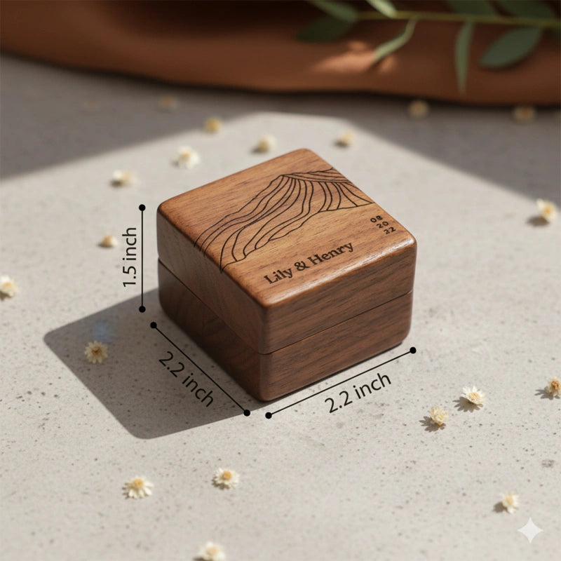 Mountains Wood Personalized Ring Box – Custom Walnut Wedding Ring Holder for Engagement & Ceremony