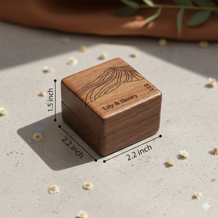 Mountains Wood Personalized Ring Box – Custom Walnut Wedding Ring Holder for Engagement & Ceremony