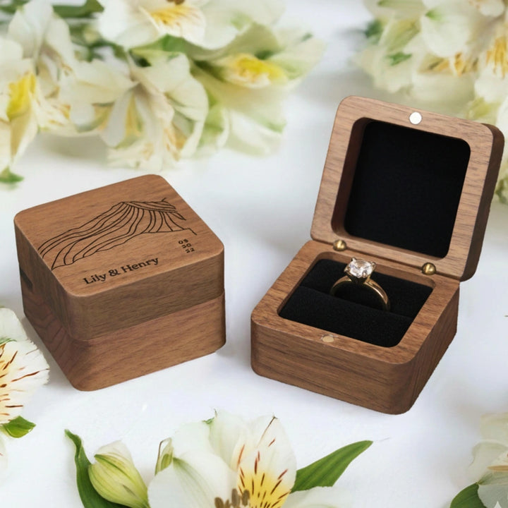 Mountains Wood Personalized Ring Box – Custom Walnut Wedding Ring Holder for Engagement & Ceremony