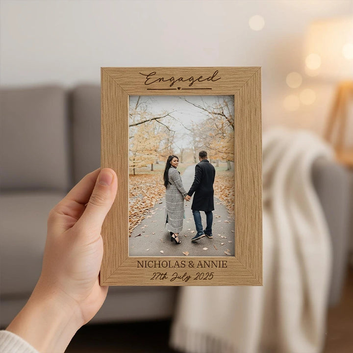 Personalised Engagement Photo Frame & Plaque – Custom Wooden Engagement Picture Frame 4x6 5x7 6x8, Engraved Gift for Newly Engaged Couples