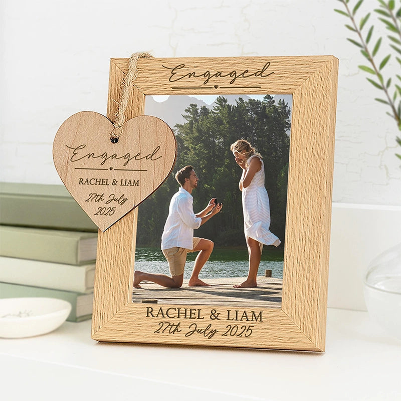 Personalised Engagement Photo Frame & Plaque – Custom Wooden Engagement Picture Frame 4x6 5x7 6x8, Engraved Gift for Newly Engaged Couples
