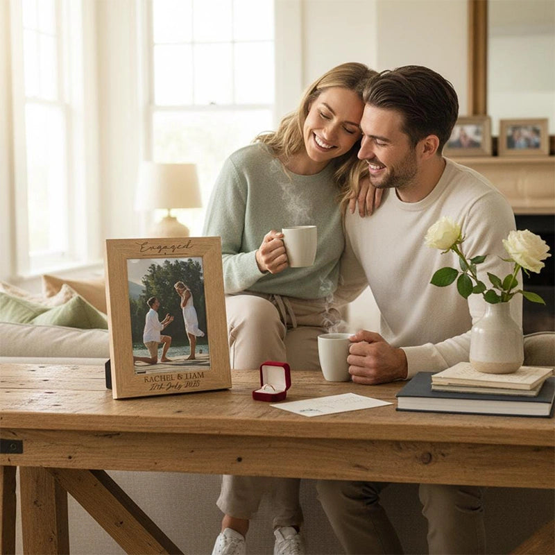 Personalised Engagement Photo Frame & Plaque – Custom Wooden Engagement Picture Frame 4x6 5x7 6x8, Engraved Gift for Newly Engaged Couples