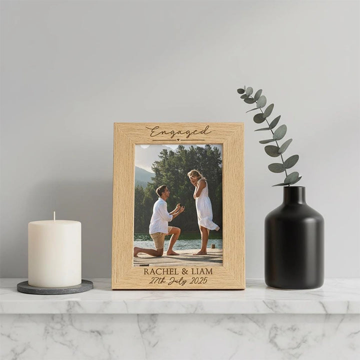 Personalised Engagement Photo Frame & Plaque – Custom Wooden Engagement Picture Frame 4x6 5x7 6x8, Engraved Gift for Newly Engaged Couples