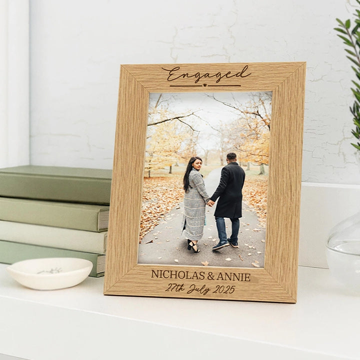 Personalised Engagement Photo Frame & Plaque – Custom Wooden Engagement Picture Frame 4x6 5x7 6x8, Engraved Gift for Newly Engaged Couples