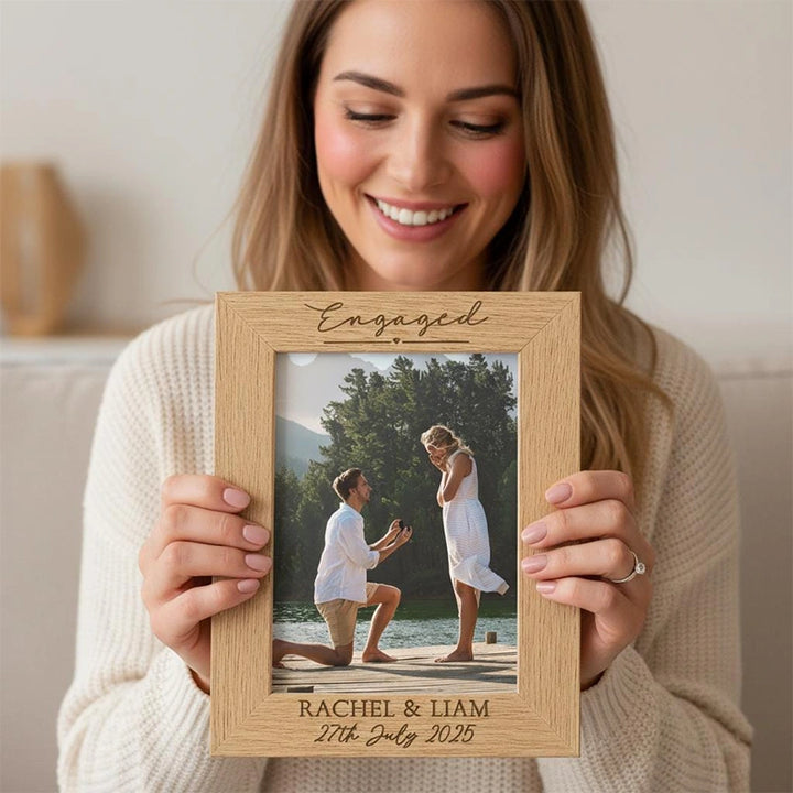 Personalised Engagement Photo Frame & Plaque – Custom Wooden Engagement Picture Frame 4x6 5x7 6x8, Engraved Gift for Newly Engaged Couples