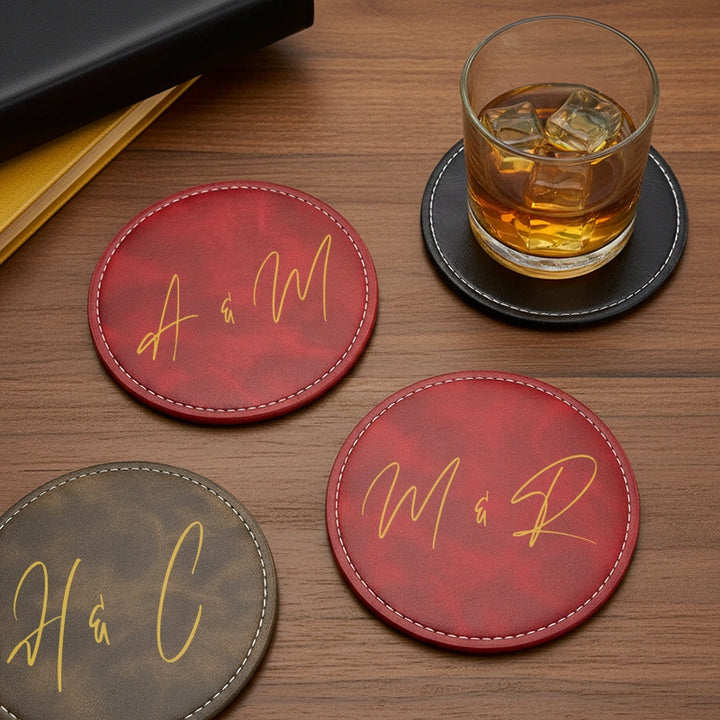 Personalised Leather Coaster with Couple Initials – Handmade Vintage Coasters, Custom Anniversary Gift for Couples, Wedding Gifts