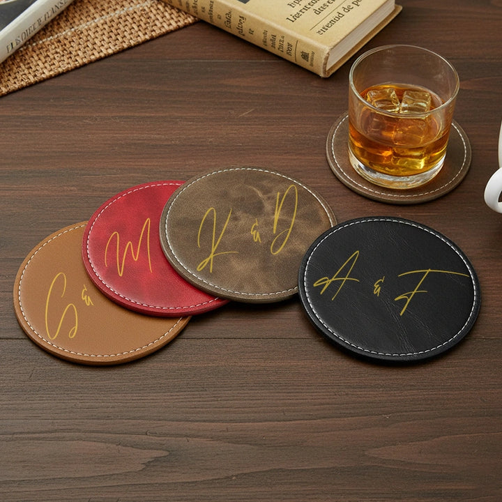 Personalised Leather Coaster with Couple Initials – Handmade Vintage Coasters, Custom Anniversary Gift for Couples, Wedding Gifts