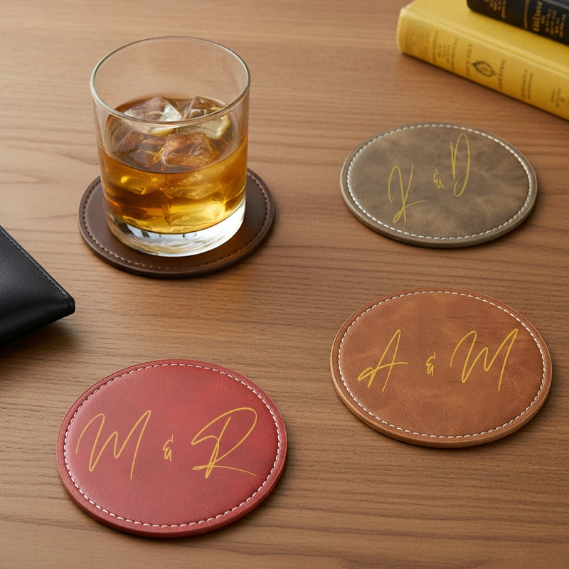 Personalised Leather Coaster with Couple Initials – Handmade Vintage Coasters, Custom Anniversary Gift for Couples, Wedding Gifts