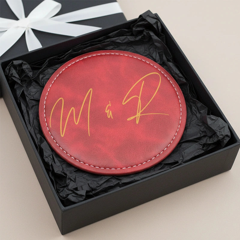 Personalised Leather Coaster with Couple Initials – Handmade Vintage Coasters, Custom Anniversary Gift for Couples, Wedding Gifts