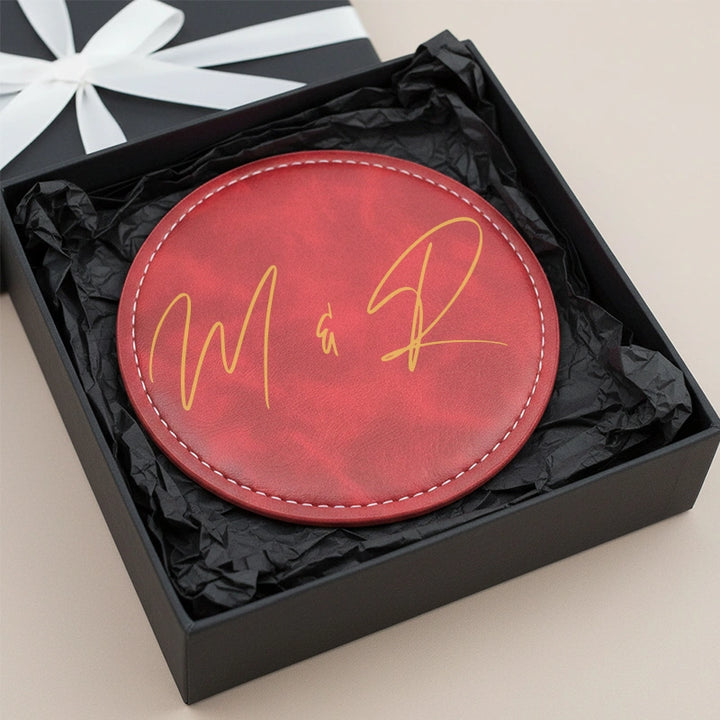 Personalised Leather Coaster with Couple Initials – Handmade Vintage Coasters, Custom Anniversary Gift for Couples, Wedding Gifts