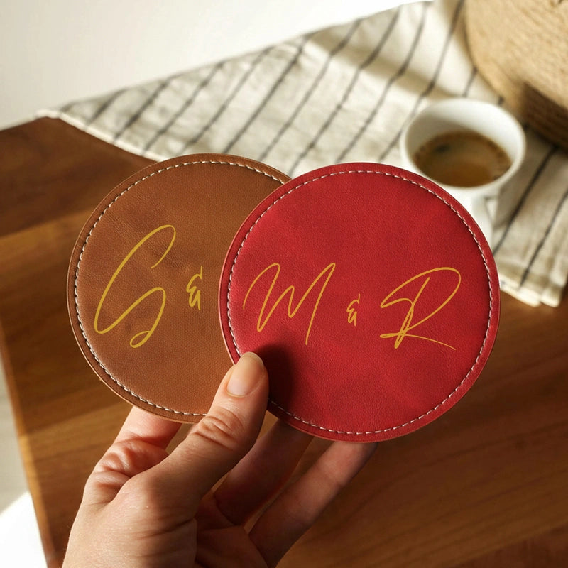 Personalised Leather Coaster with Couple Initials – Handmade Vintage Coasters, Custom Anniversary Gift for Couples, Wedding Gifts