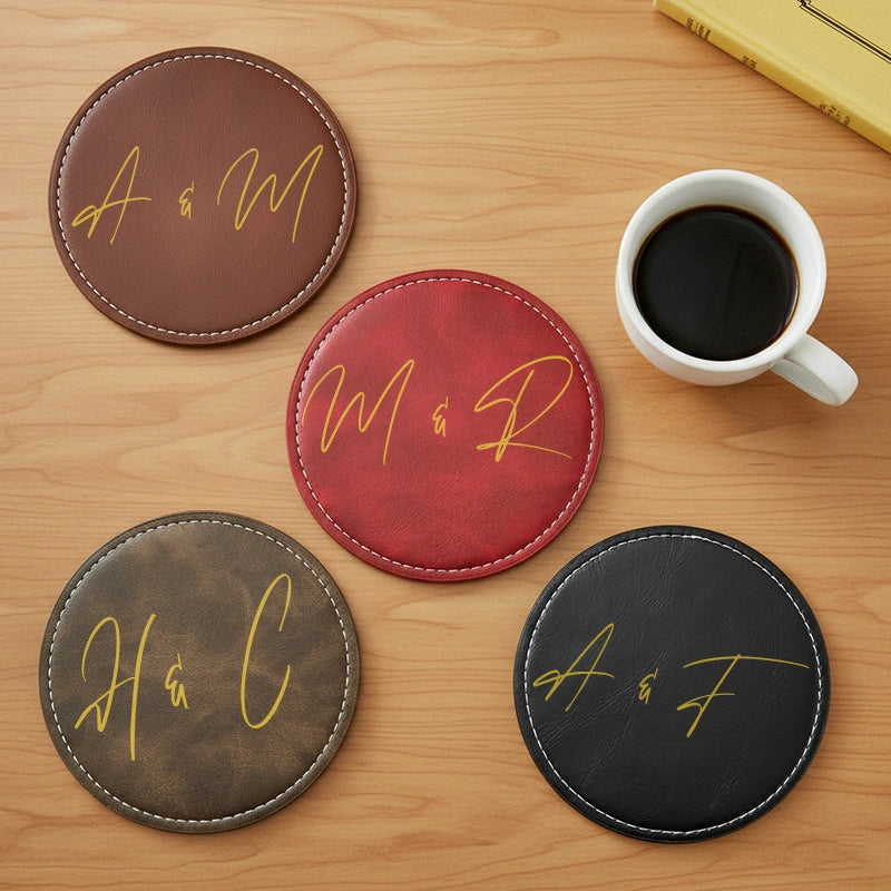 Personalised Leather Coaster with Couple Initials – Handmade Vintage Coasters, Custom Anniversary Gift for Couples, Wedding Gifts