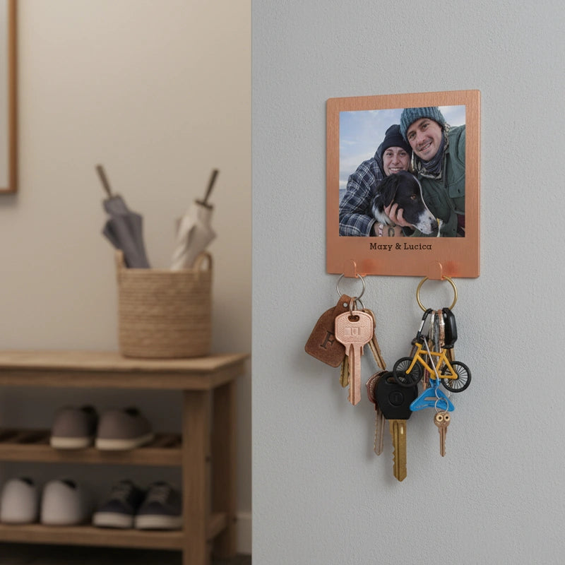 Personalised Stainless Steel Couples Photo Key Hook – Custom Photo Key Holder with Adhesive Wall Mount